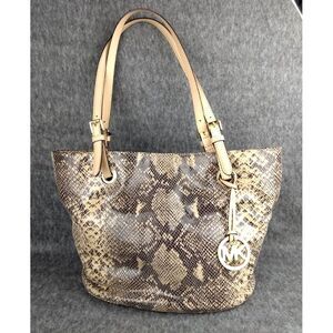 Michael Kors Python Tote Jet‎ Set Tan Leather Shoulder Handbag MK Charm Logo